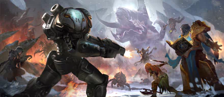 Heroes of the Storm video game 2K Quad HD PC desktop wallpaper: armored mech fires into a snowy battlefield as fantasy heroes and monsters clash amid explosions.