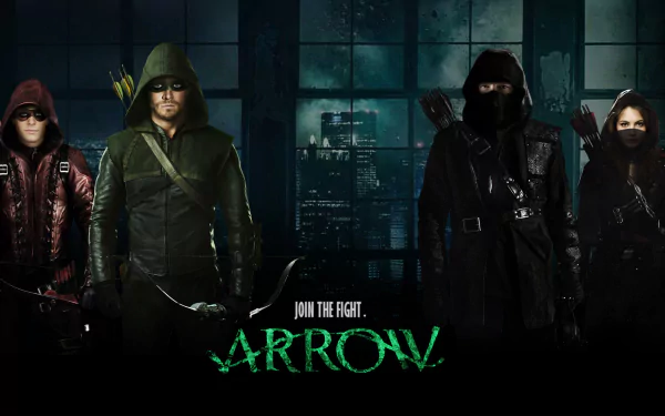 HD wallpaper from Arrow, featuring Oliver Queen (Stephen Amell), Thea Queen, Malcolm Merlyn, and Roy Harper, showcasing their fight against the League of Assassins.