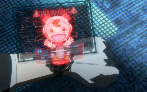 HD PC desktop wallpaper from Psycho-Pass Movie: a wristwatch projects a red holographic Sibyl mascot with a WARNING banner over a futuristic anime background (Sibyl, Psycho-Pass).