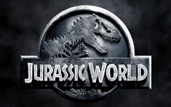 HD desktop wallpaper featuring the Jurassic World movie logo, showcasing a metallic dinosaur emblem against a dark, misty background.