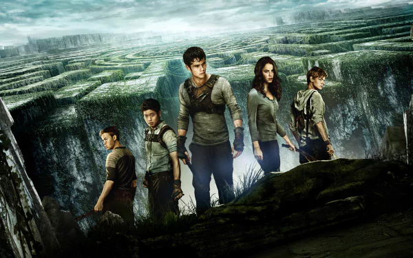 Five characters from the movie The Maze Runner stand at the edge of a vast maze, captured in this HD desktop wallpaper. The scene conveys a sense of adventure and mystery.