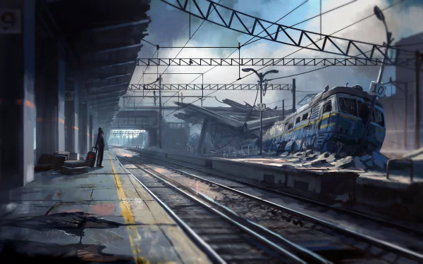 A moody, post-apocalyptic train station scene from the comic Romantically Apocalyptic, featuring a derelict train and an empty platform under an overcast sky. High-definition desktop wallpaper.