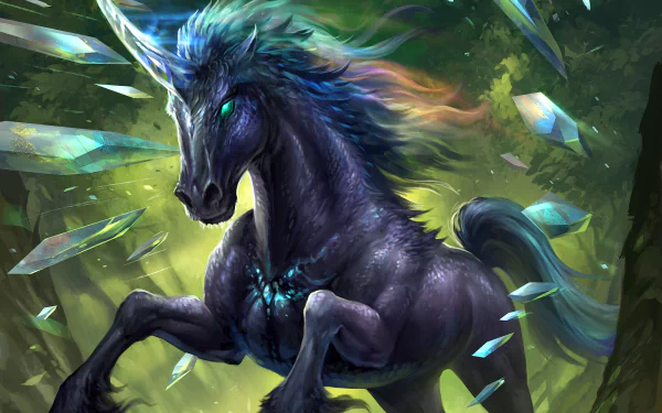 HD fantasy wallpaper featuring a majestic unicorn with glowing eyes, surrounded by floating crystals in an enchanted forest.