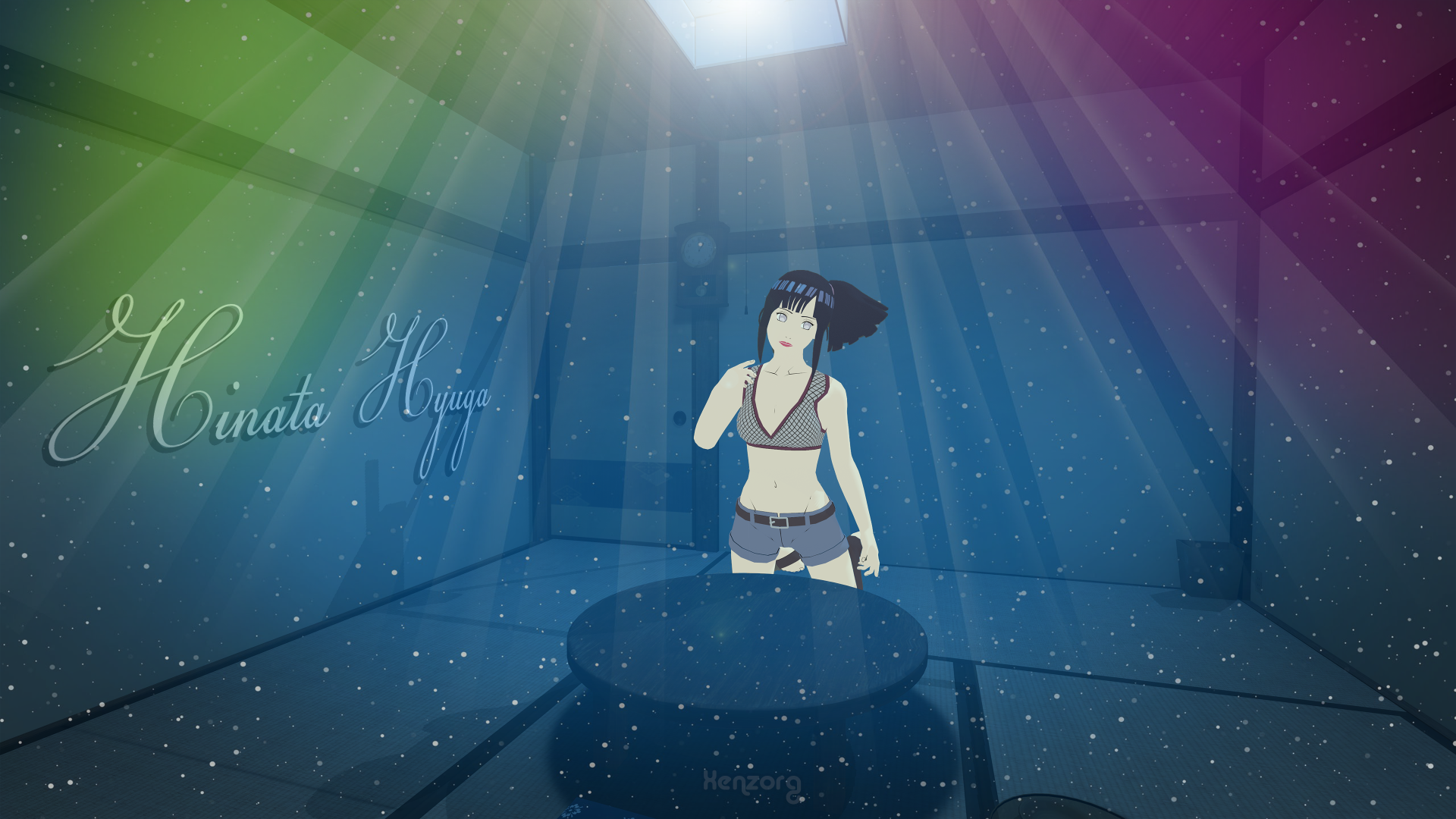 A vibrant HD wallpaper featuring Hinata Hyuga from Naruto, surrounded by colorful rays and sparkling effects, creating a dynamic anime atmosphere.