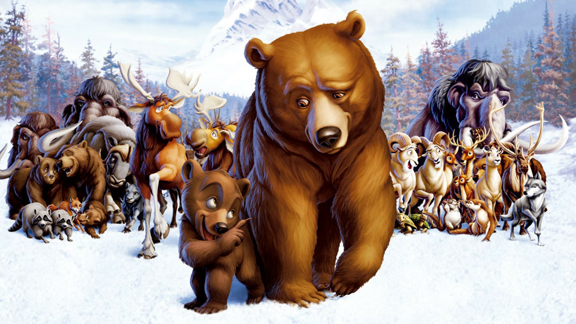 HD desktop wallpaper featuring characters from the movie Brother Bear, showcasing the main bear and a cub with other animals against a snowy forest background.