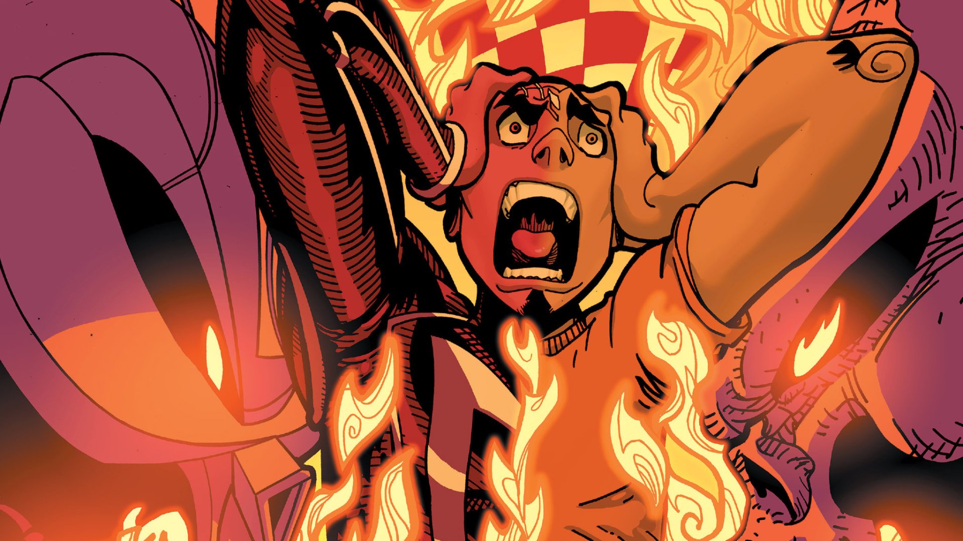 High-definition desktop wallpaper featuring Robbie Reyes from All-New Ghost Rider, showcasing dynamic comic art with fiery elements and intense expressions.