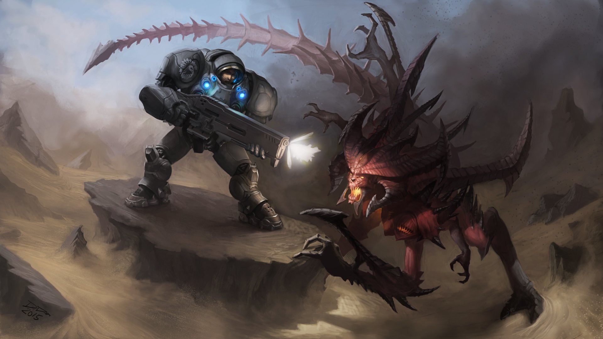 HD desktop wallpaper featuring an intense battle scene from the video game Heroes of the Storm, showcasing a heavily armored soldier facing a menacing alien creature.