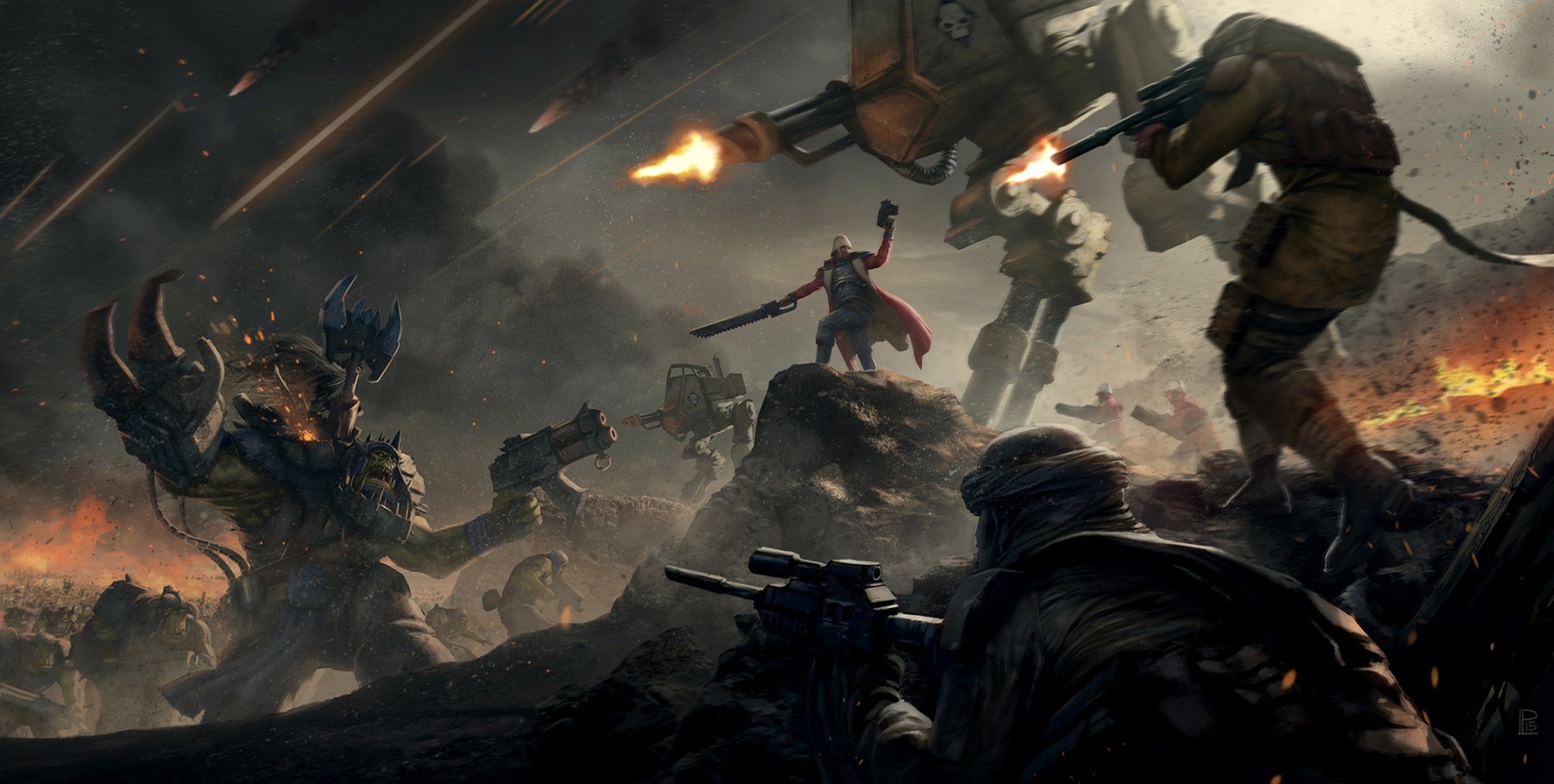 HD PC desktop wallpaper depicting an intense Warhammer 40k battle scene with heavily armed soldiers and a towering mech exchanging gunfire in a dark, smoky environment.