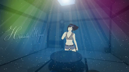 A vibrant HD wallpaper featuring Hinata Hyuga from Naruto, surrounded by colorful rays and sparkling effects, creating a dynamic anime atmosphere.