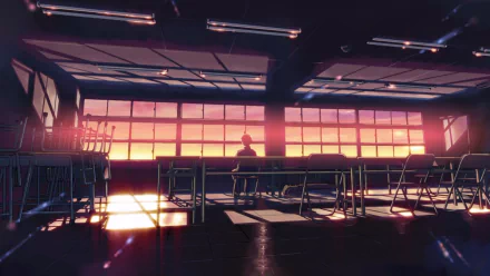 HD anime desktop wallpaper by Takaki Touno from 5 Centimeters per Second, featuring a solitary figure in a sunlit, empty classroom at sunset.