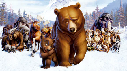HD desktop wallpaper featuring characters from the movie Brother Bear, showcasing the main bear and a cub with other animals against a snowy forest background.