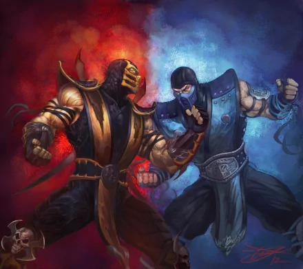 HD desktop wallpaper featuring Scorpion and Sub-Zero from Mortal Kombat, facing off against a contrasting red and blue background, showcasing their iconic rivalry in the video game series.