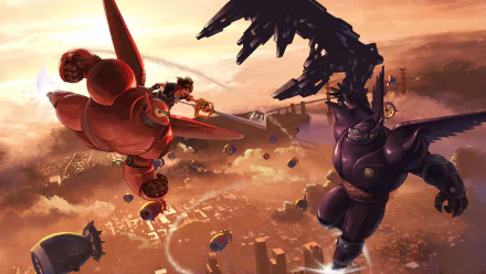 HD desktop wallpaper featuring Sora from Kingdom Hearts III and Baymax from Big Hero 6 in an epic video game battle scene above a city at sunset.