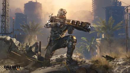 HD desktop wallpaper of Call Of Duty: Black Ops III featuring a heavily armored soldier aiming a futuristic weapon amidst a war-torn urban landscape at sunset.