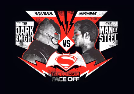 A dramatic HD wallpaper featuring the iconic faces of Batman and Superman, showcasing the ultimate face-off from Batman V Superman: Dawn Of Justice in bold graphic style.