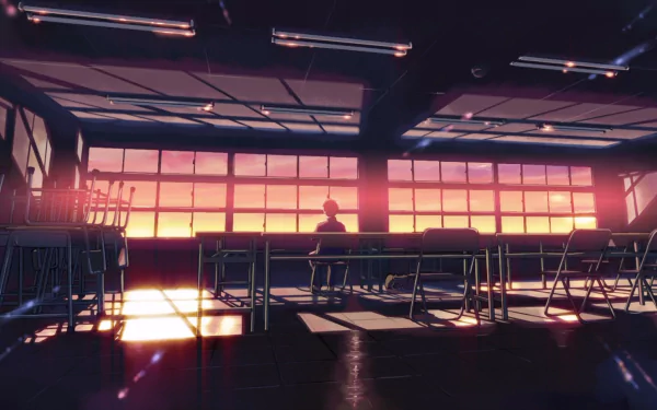 HD anime desktop wallpaper by Takaki Touno from 5 Centimeters per Second, featuring a solitary figure in a sunlit, empty classroom at sunset.