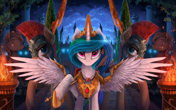 Princess Celestia stands majestically with wings spread, surrounded by guardians in armor, set against a mystical night backdrop. An enchanting HD wallpaper from My Little Pony: Friendship Is Magic.