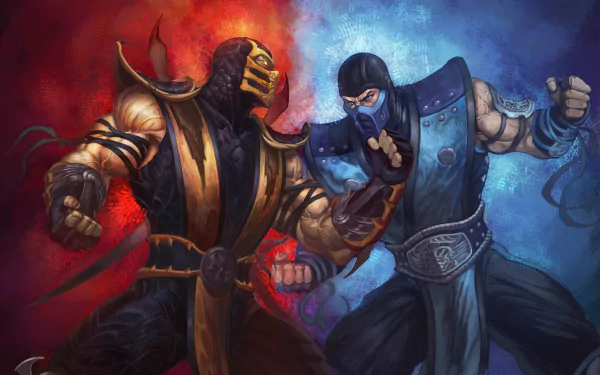 HD desktop wallpaper featuring Scorpion and Sub-Zero from Mortal Kombat, facing off against a contrasting red and blue background, showcasing their iconic rivalry in the video game series.