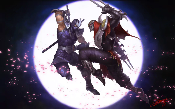 An HD desktop wallpaper featuring Shen and Zed from League of Legends in a dynamic ninja battle, set against a luminous full moon background.