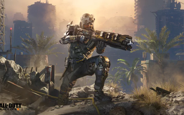 HD desktop wallpaper of Call Of Duty: Black Ops III featuring a heavily armored soldier aiming a futuristic weapon amidst a war-torn urban landscape at sunset.