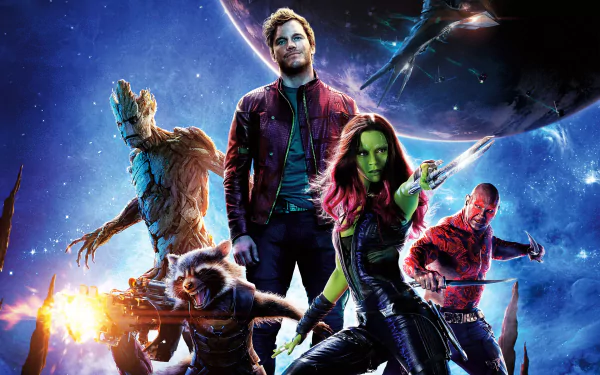 A vibrant HD wallpaper featuring the Guardians of the Galaxy: Peter Quill, Gamora, Drax the Destroyer, Groot, and Rocket Raccoon, set against a cosmic background.