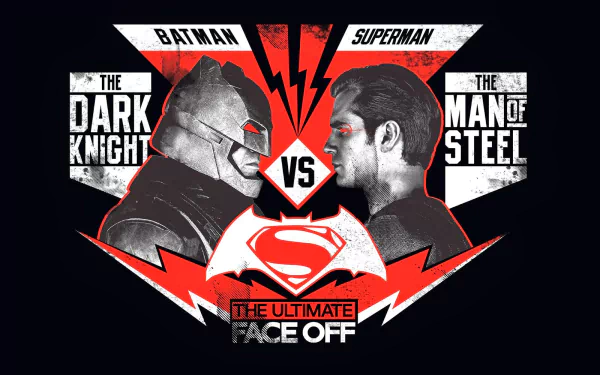 A dramatic HD wallpaper featuring the iconic faces of Batman and Superman, showcasing the ultimate face-off from Batman V Superman: Dawn Of Justice in bold graphic style.