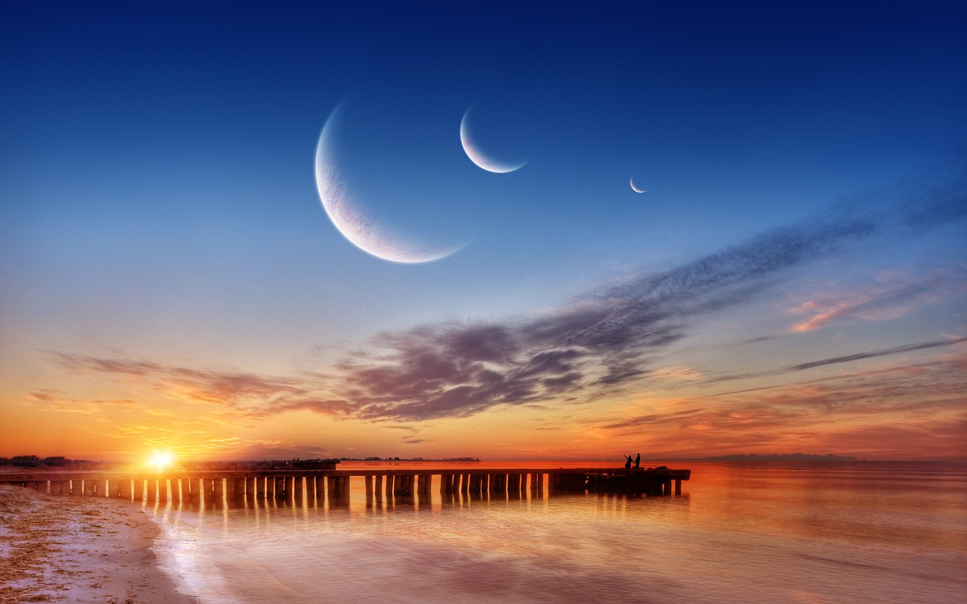 HD PC desktop wallpaper featuring a surreal sunset over a pier with multiple crescent moons in the vibrant sky, showcasing photography and digital manipulation.