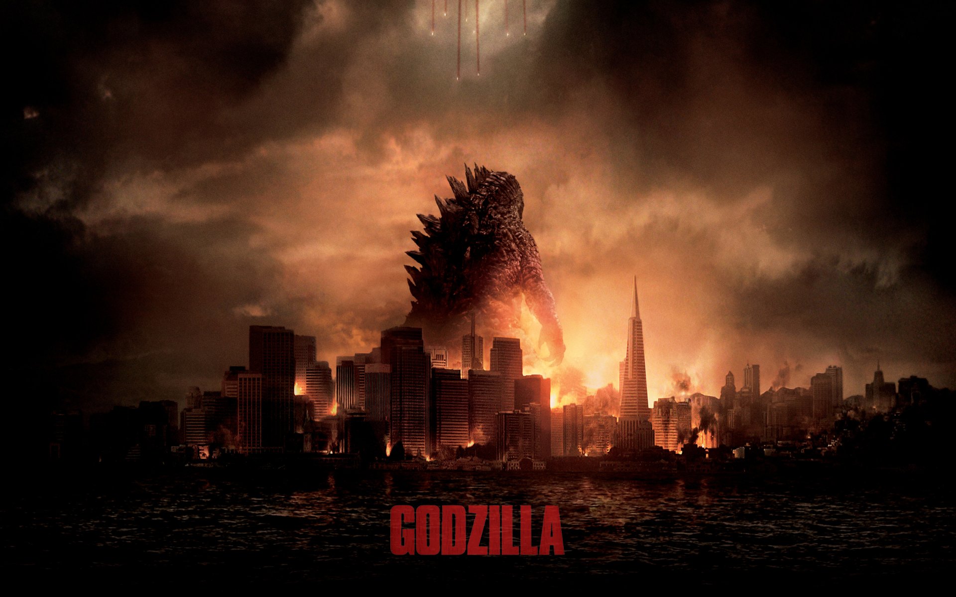 Godzilla 2014 HD Wallpaper – King of Monsters Over a Burning Cityscape, image size:1920x1200