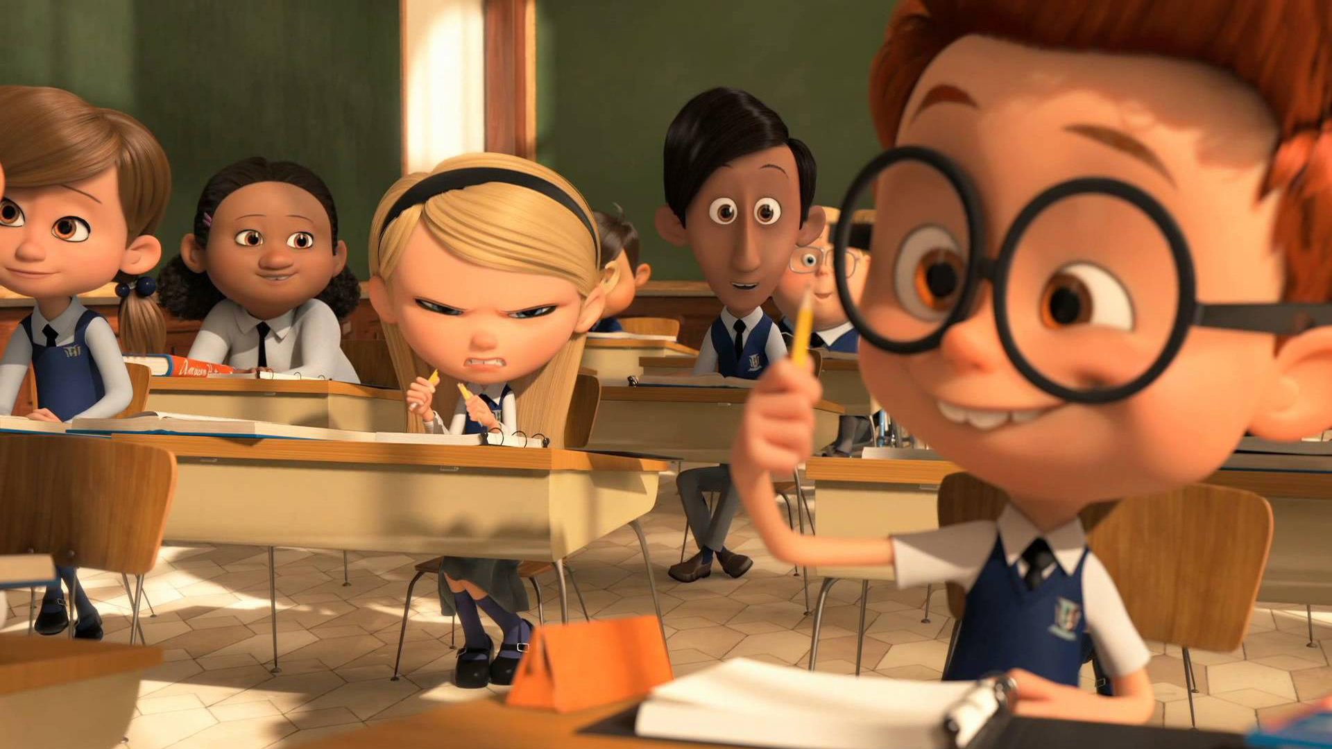 HD PC desktop wallpaper from the movie Mr. Peabody & Sherman: Sherman, wearing round glasses, gives a thumbs-up in a lively classroom while classmates react behind him.