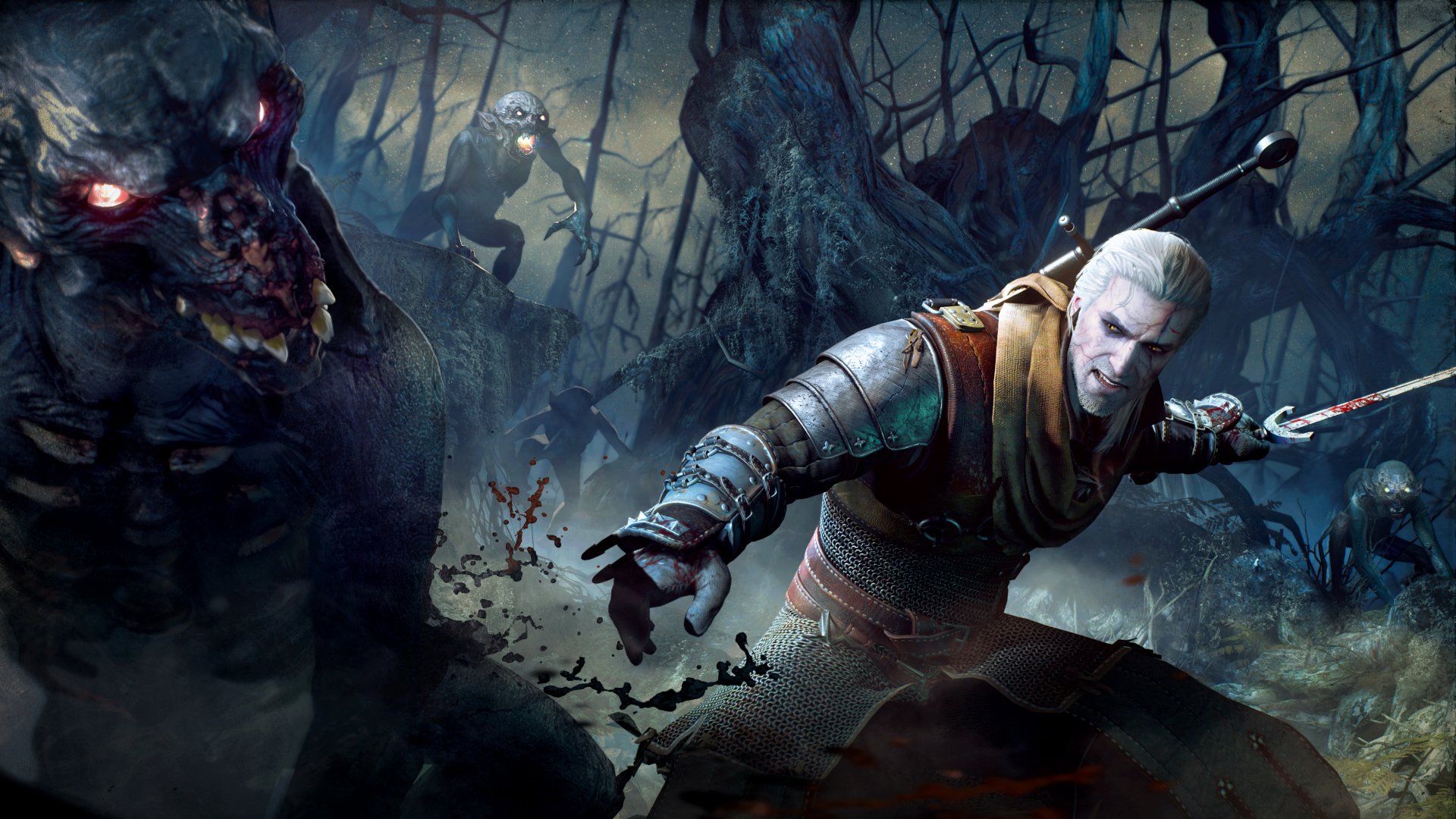 Geralt of Rivia battles fearsome creatures in a dark, enchanting forest scene from The Witcher 3: Wild Hunt, showcasing stunning 4K Ultra HD detail.