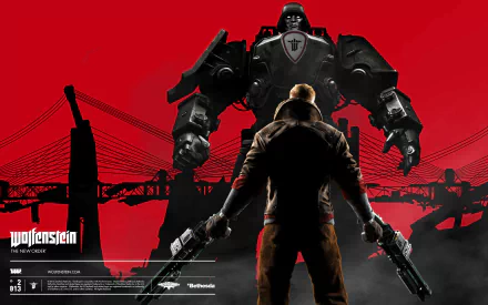 HD PC desktop wallpaper for the video game Wolfenstein: The New Order — protagonist faces a towering armored mech against a red skyline, dual-wielding pistols.