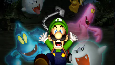 HD PC desktop wallpaper featuring Luigi from the video game Luigi's Mansion, surrounded by colorful ghosts in a spooky setting.