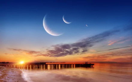 HD PC desktop wallpaper featuring a surreal sunset over a pier with multiple crescent moons in the vibrant sky, showcasing photography and digital manipulation.