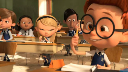 HD PC desktop wallpaper from the movie Mr. Peabody & Sherman: Sherman, wearing round glasses, gives a thumbs-up in a lively classroom while classmates react behind him.