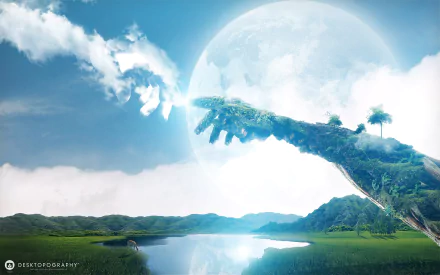 HD desktop wallpaper featuring an artistic landscape with a large grass-covered hand sculpture extending over a serene lake under a bright sky and moon.