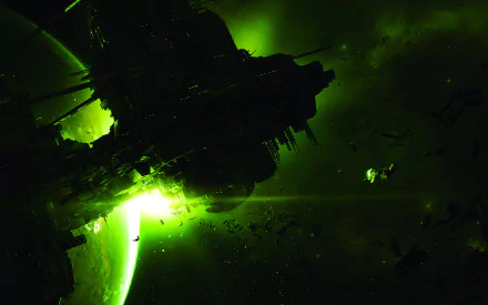 HD PC desktop wallpaper featuring a dark spaceship silhouette against a glowing green planet, inspired by the video game Alien: Isolation.