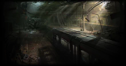 Dark, post-apocalyptic subway platform with a derailed train and dim, greenish lighting — HD PC desktop wallpaper from the video game Afterfall: InSanity.