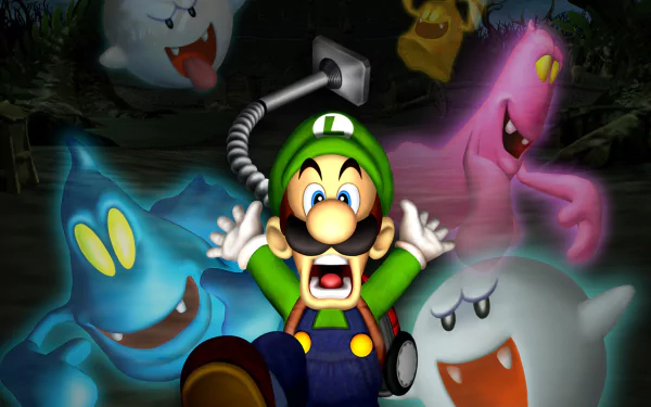 HD PC desktop wallpaper featuring Luigi from the video game Luigi's Mansion, surrounded by colorful ghosts in a spooky setting.