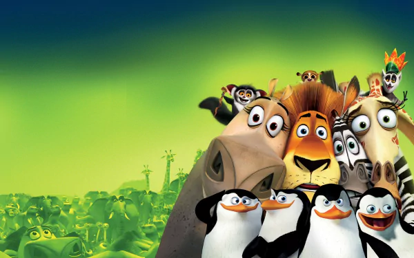 A vibrant HD wallpaper featuring characters from the animated movie Madagascar, showcasing a fun ensemble of animals against a lively green background.