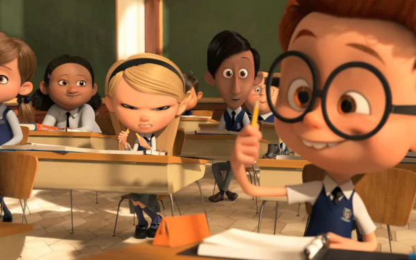 HD PC desktop wallpaper from the movie Mr. Peabody & Sherman: Sherman, wearing round glasses, gives a thumbs-up in a lively classroom while classmates react behind him.