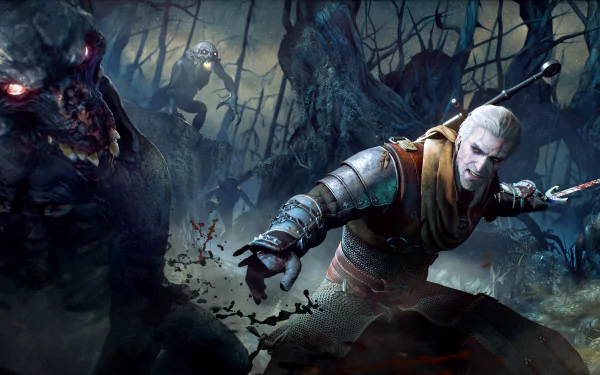 Geralt of Rivia battles fearsome creatures in a dark, enchanting forest scene from The Witcher 3: Wild Hunt, showcasing stunning 4K Ultra HD detail.