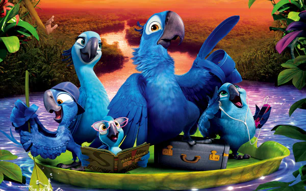 Rio 2 movie HD desktop wallpaper: five blue macaws in a small boat on a river at sunset — one reading a map, one wearing sunglasses, lush jungle foliage framing the scene.