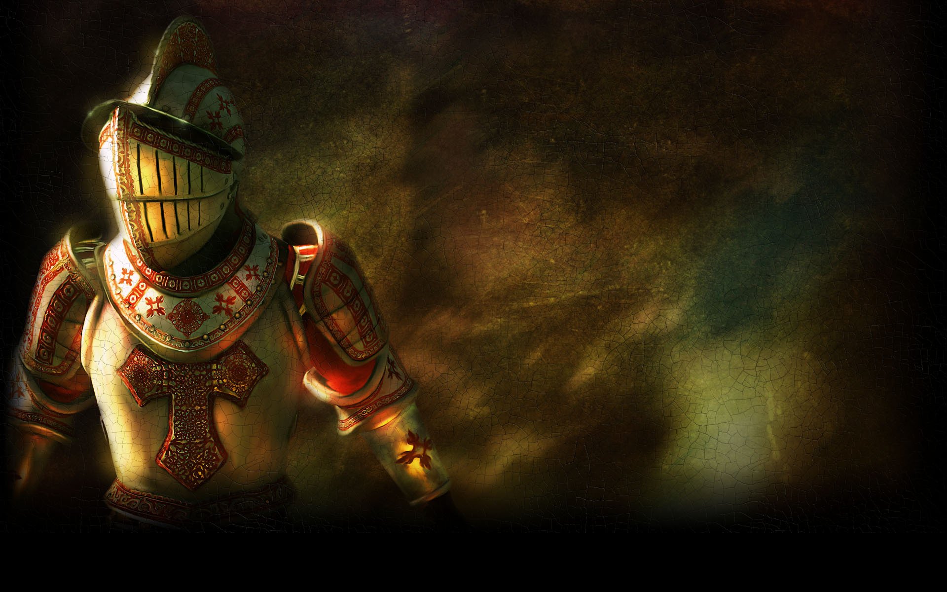 HD PC desktop wallpaper for the video game Betrayer: lone ornate armored knight emerging from smoky, greenish-brown fog on a dark, atmospheric background.
