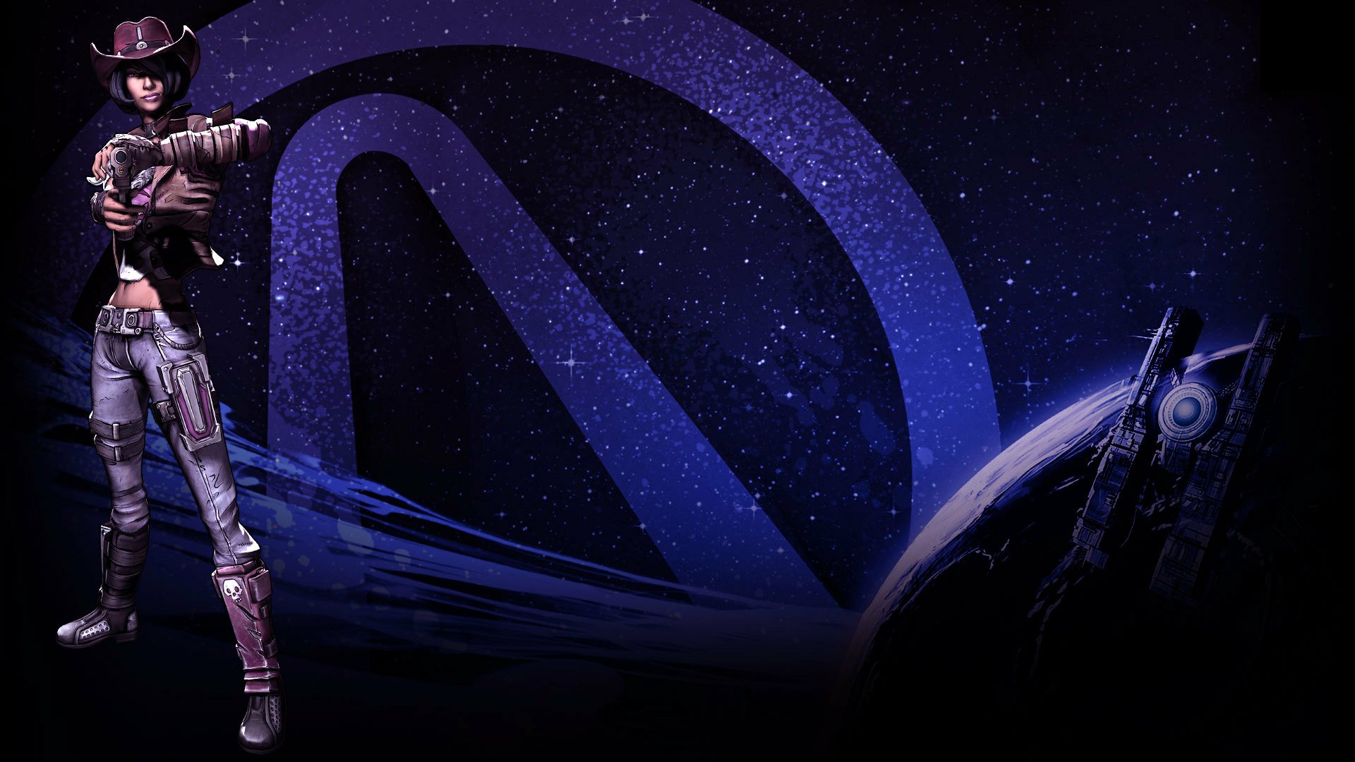HD PC desktop wallpaper of the video game Borderlands: The Pre-Sequel, showing a purple starfield with the Vault symbol, moon horizon and a female gunslinger at left.