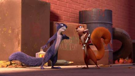 HD PC desktop wallpaper and background from the movie The Nut Job: two animated squirrels face off in a gritty alley — one purple, one red-orange holding a wrench.