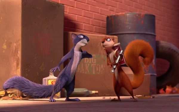 HD PC desktop wallpaper and background from the movie The Nut Job: two animated squirrels face off in a gritty alley — one purple, one red-orange holding a wrench.
