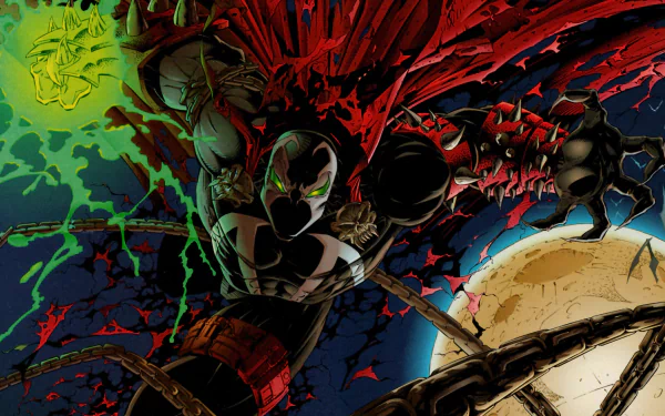 Dynamic HD wallpaper featuring Spawn from the comic series, showcasing his intense pose with vibrant colors and dramatic lighting against a dark background.