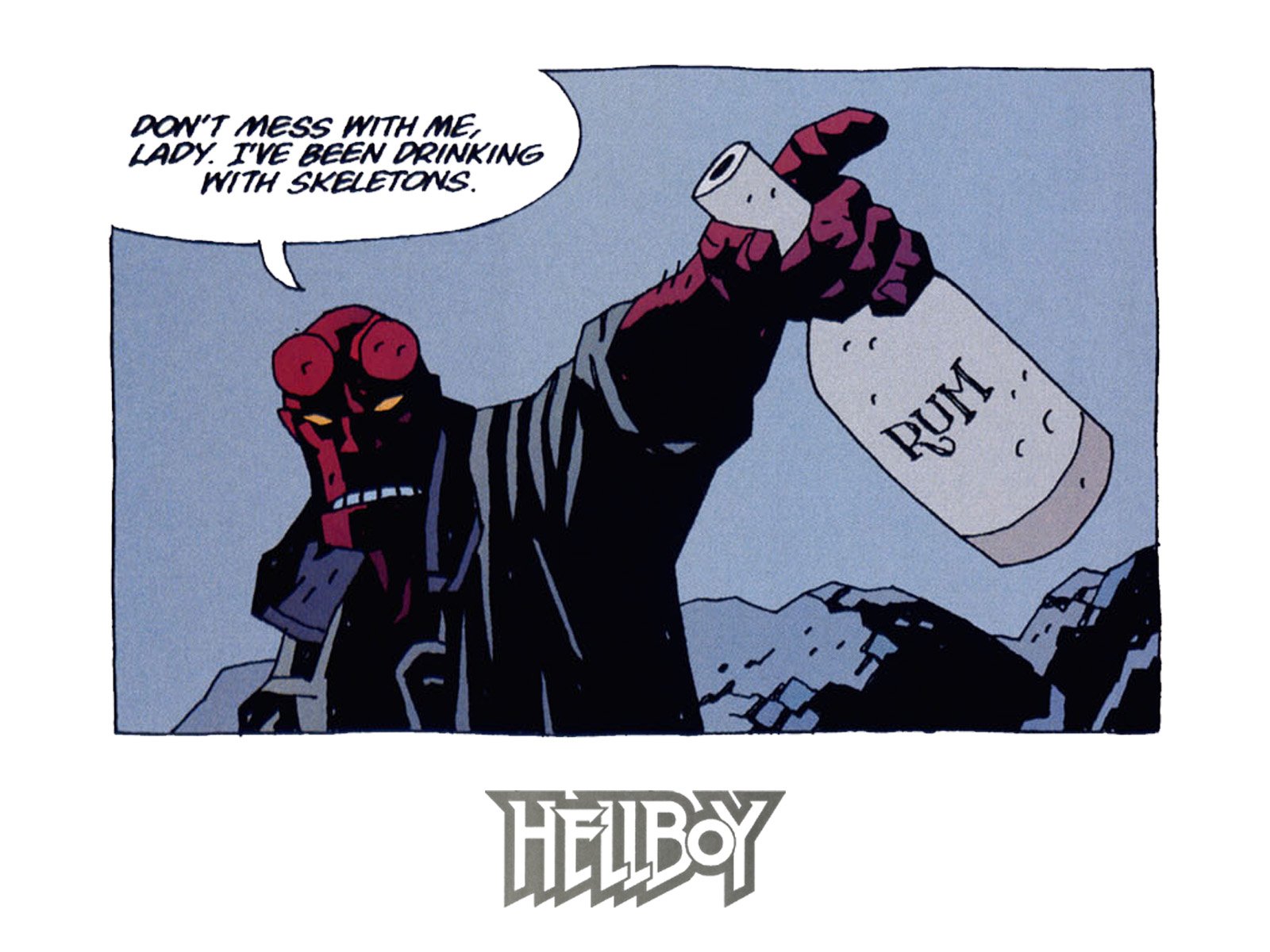 Comic Hellboy HD PC wallpaper/background: Hellboy holds up a bottle labeled Rum, grinning and saying, Don't mess with me, lady; I've been drinking with skeletons, over a rocky nighttime backdrop.