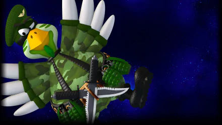 HD PC desktop wallpaper featuring a camouflaged chicken character from the video game Chicken Invaders 5 against a starry space background.