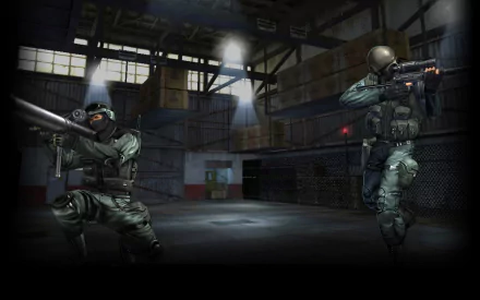 HD PC desktop wallpaper for the video game Counter-Strike Nexon: Zombies showing two tactical operatives in armored gear aiming rifles inside a dim industrial warehouse.